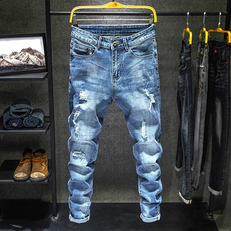 Elastic Fashion Jeans Men Ripped Vintage Slim Denim Pants Hip Hop Distressed Frayed Fashion Men's Clothing Pants