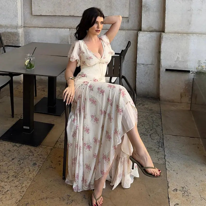 Fashion Women's Dress V-neck Short Sleeve Slim Female Print Floral Dresses 2026 Summer Sexy Elegant Holiday New Party Lady Robe