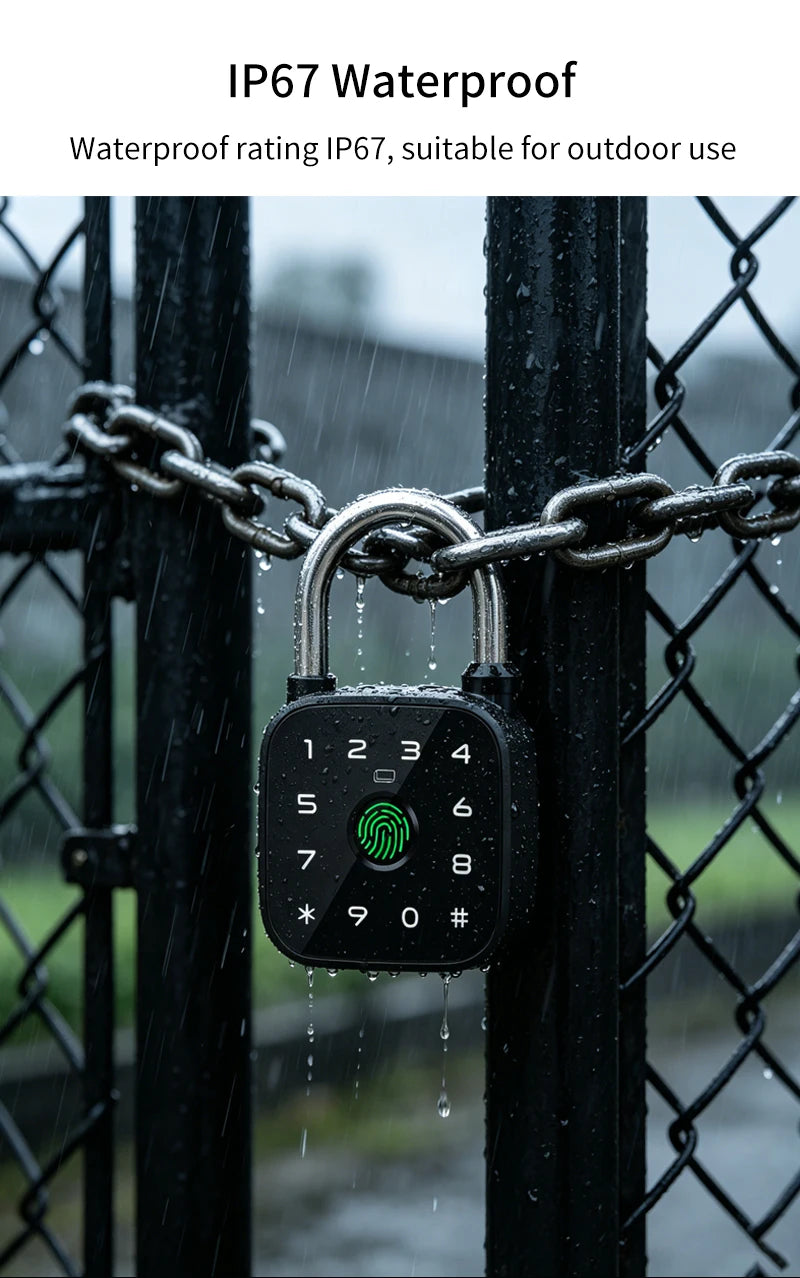 IP67 Smart Padlock Support Tuya App Fingerprint Password RFID Card Key Unlock Type-C Charging Multi-function Anti-theft Lock