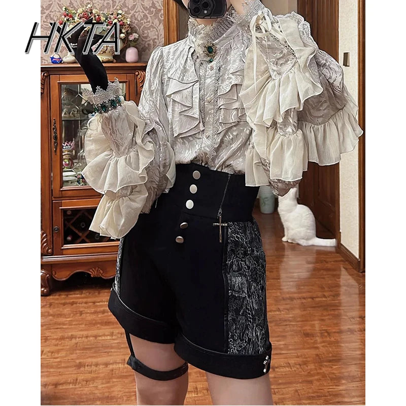 Gothic Style Silver Shirt Spring and Autumn New Bat Sleeve Loose Long Sleeve Shirts Lolita Court Style Women's Camisas Top Y2k