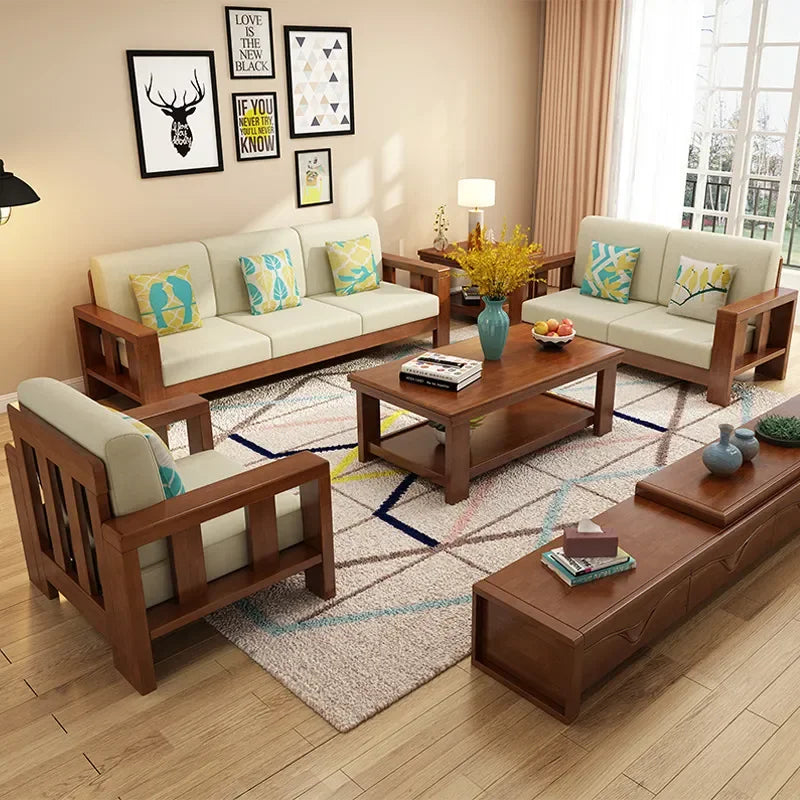 Compact Rubber Wood Solid Frame Sofa Set for Living Room Small Apartment Rental B&B Space Saving Durable Home Furniture