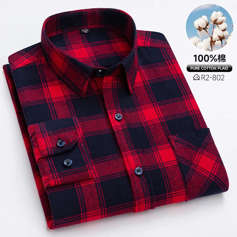 Classic Retro Plaid Flannel Shirt Long Sleeve 100% Cotton Fashion Casual Soft Spring Autumn Winter Standard Pocket Men's Shirt
