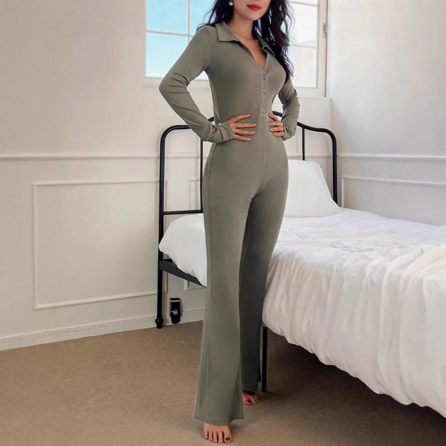 Solid Color Jumpsuits For Woman Slim Jumpsuit Simple Style All-match Long Sleeves Comfortable Homewear Home Clothing Commuting