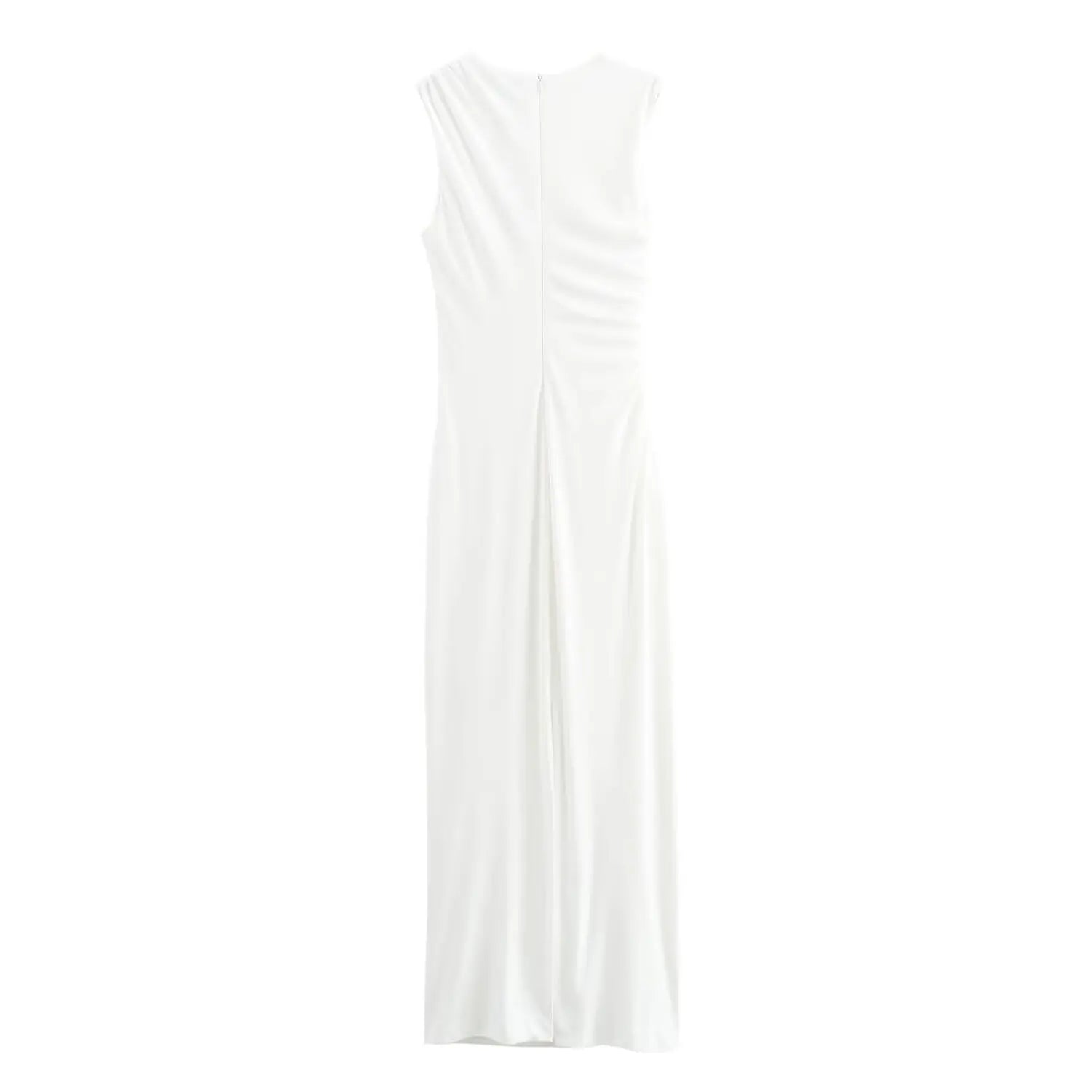 BSAY Women Fashion Summer New White Pleated Back Zip Sleeveless Crewneck Vest Long Dress Chic Female Elegant Evening