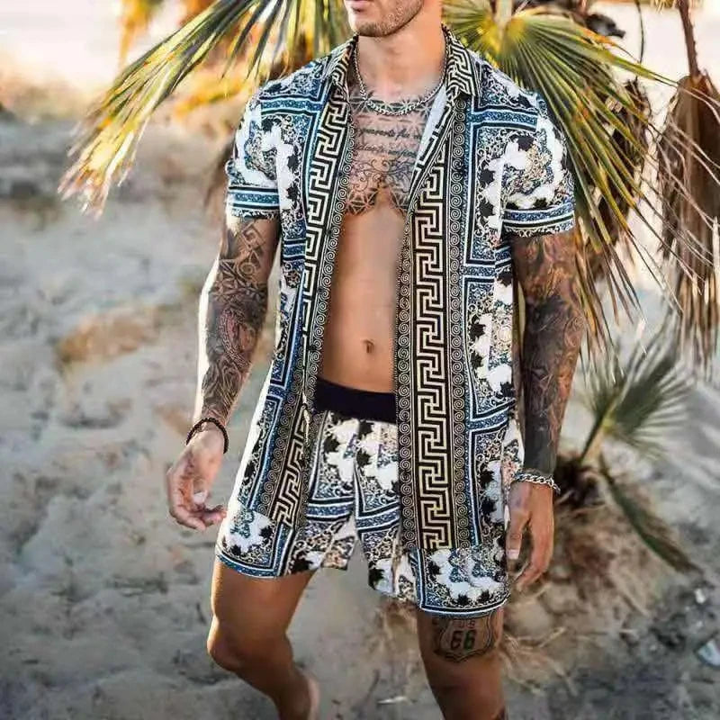 2024 Summer Men's Fashion Leopard Print Short Sleeve Shirt And Shorts Set Beach Style T Shirt Breathable Shorts Two Piece Set