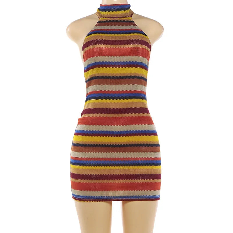 Cryptographic Striped Knit Halter Mini Dress Colorful Contrast Sleeveless Backless Summer Casual Clubwear Bodycon Short Dresses