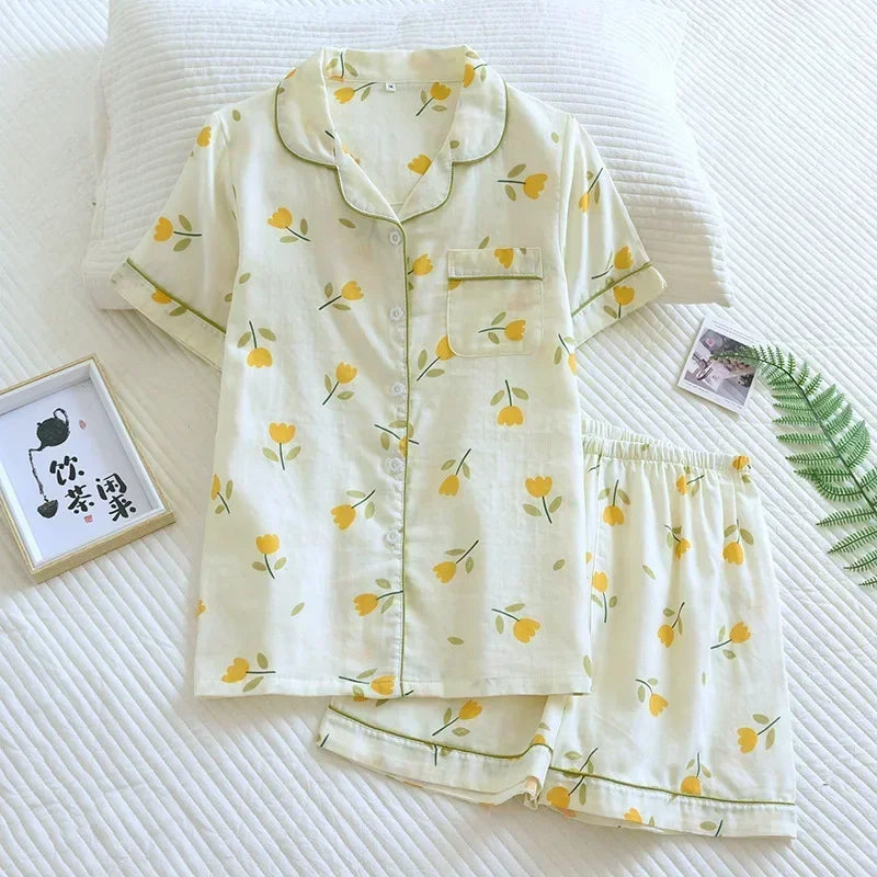 Japanese simple short pyjamas women 100% cotton short sleeves ladies pajama sets shorts Cute cartoon sleepwear women homewear