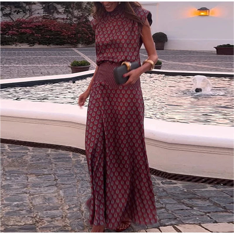 Elegant Printed Women's Vest Skirts Suit Sleeveless Top A-Line Long Skirts Lady Set 2026 Summer Autumn 2 Pieces Set Women