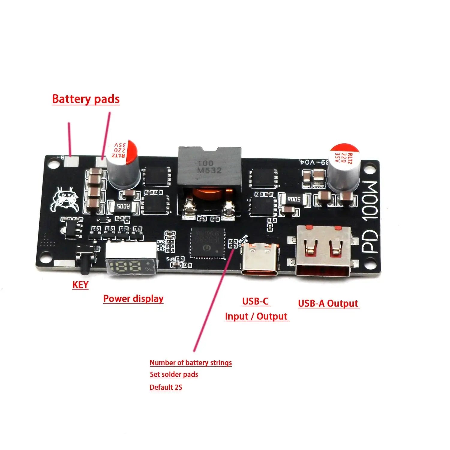 100W Fast Charge Power Bank Module IP5389 2S 3S 4S 5S Bidirectional USB-C Charger/Discharger POWER LED Display For Laptop/Drone