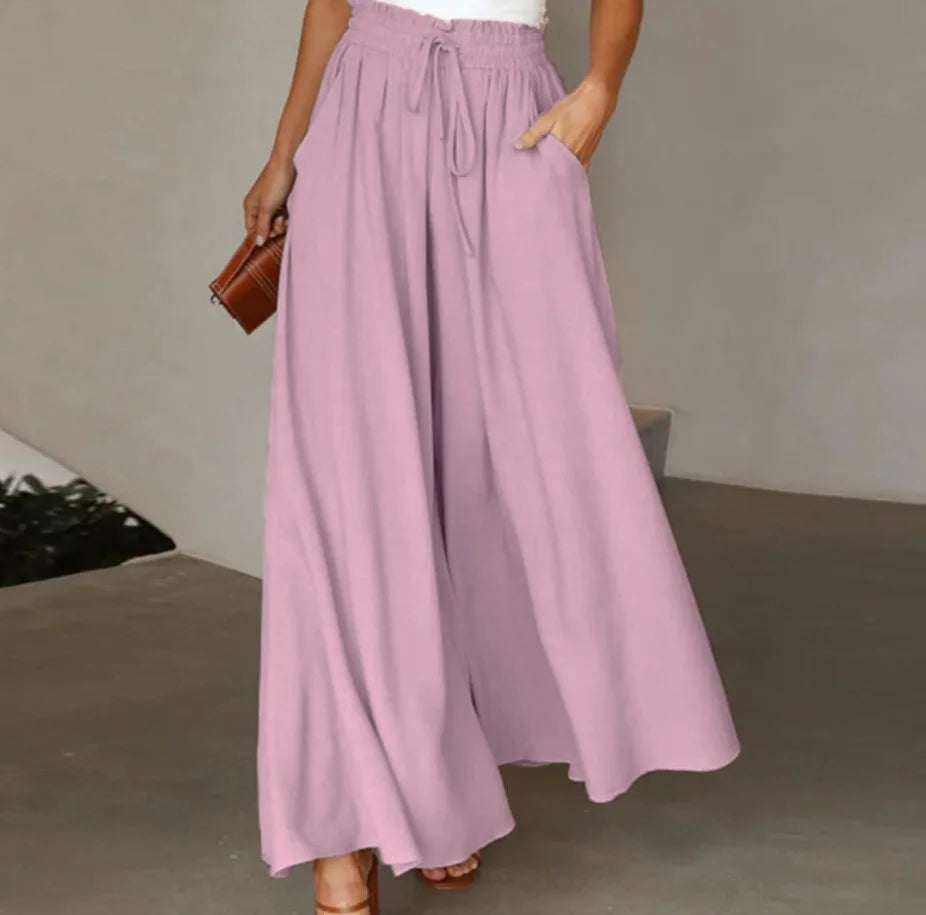 Summer Women Elastic High Waist Drawstring Solid Wide Leg Pants Loose Casual Flowy Pocket Trousers Female Daily Beach Long Pants