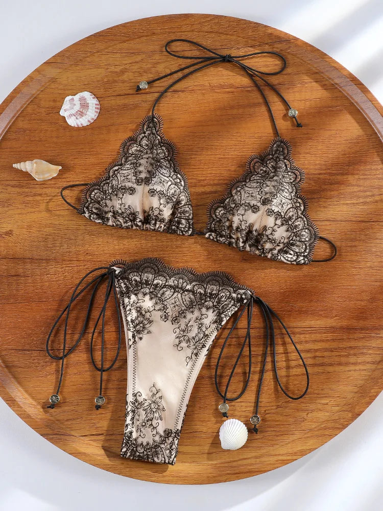 ZRTAK Sexy Lace Bordered Bikini Micro Thongs Bathing Suit Swimsuit Women Biquini Bandage Beachwear Swimwear 2 Piece Bikini Sets