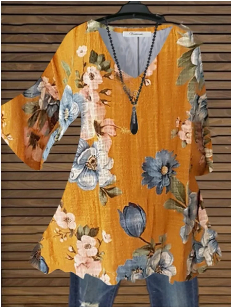Summer V-Neck Flower Printed Short Sleeve Top Women's Classic Elegant Temperament Commuter T-Shirt