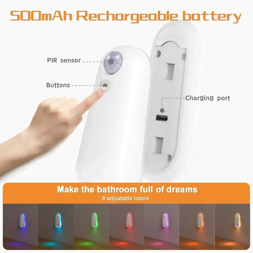 LED Motion Sensor Light Rechargeable RGB Night Light 8 Colors Adjustable IPX3 Waterproof for Toilet Stairs Bedroom Entrance