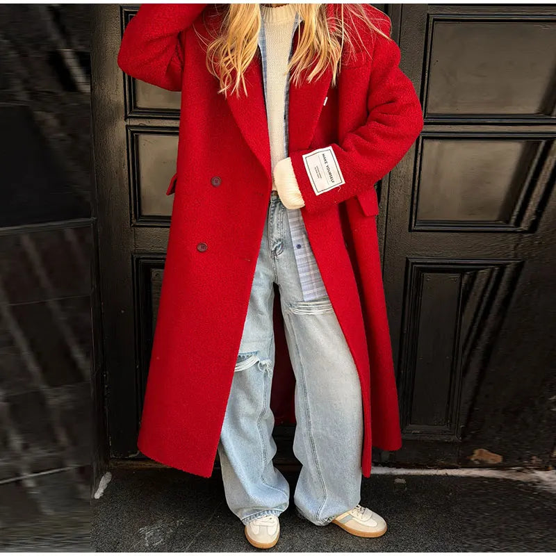 Women Olive Green Oversized Coat Notched Lapel Double Breasted Straight Outerwear Vintage Fall Winter Daily 2026 Office Outfit