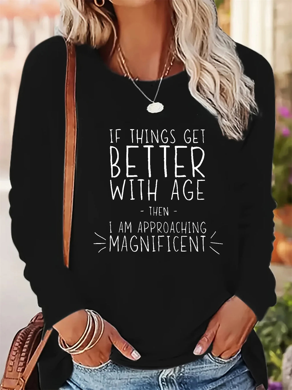 Women's Spring and Autumn 100% pure cotton fashionable casual loose inspirational quotes printed round neck long sleeved T-shirt