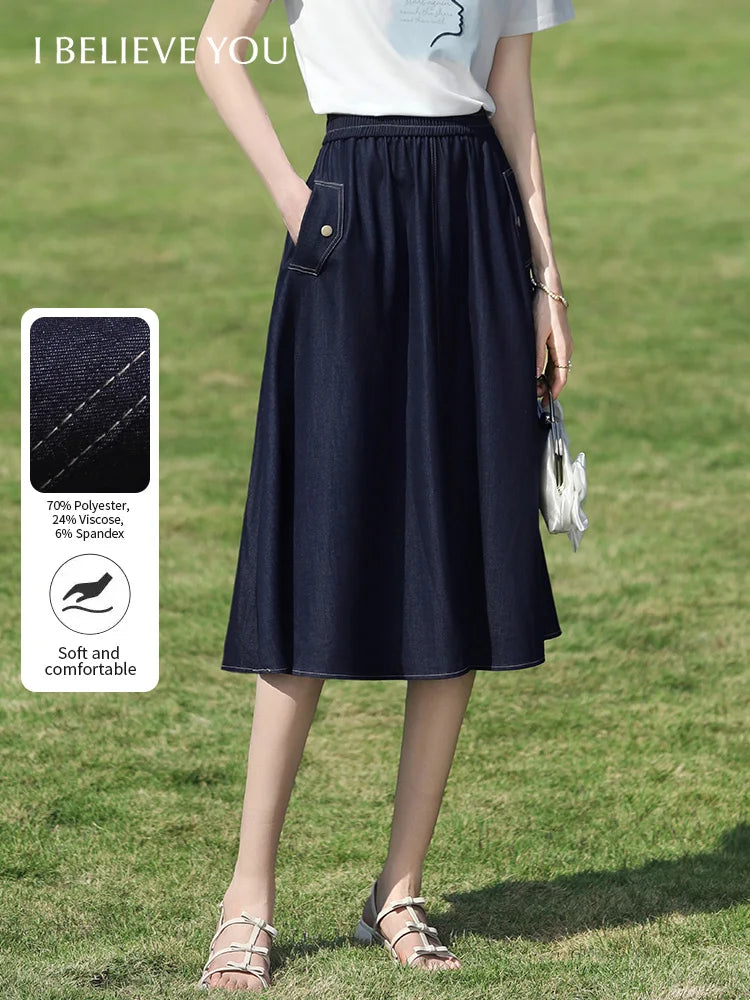 I BELIEVE YOU Dark Blue Denim Midi Skirt for Women 2026 Spring Elastic Waist Skirts Casual A-Line Skirt with Pockets 2261026207