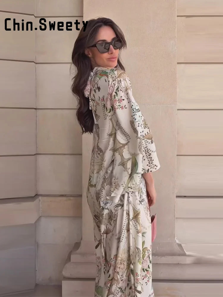 Elegant Women's Printed Long Dresses Loose O-neck Flared Half Sleeve Big Hem Wide Female Dresses 2026 Summer Lady HolidayRobes