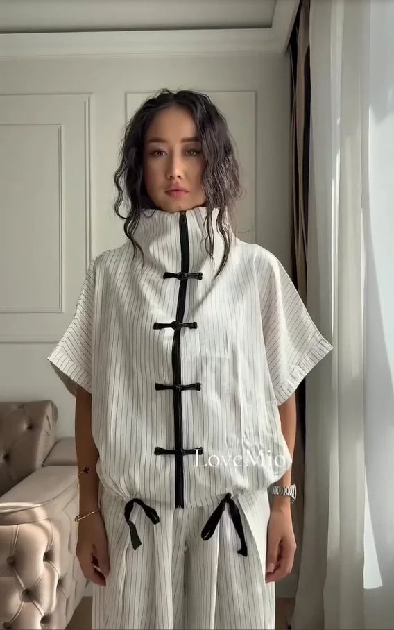 Coffee Tang Suit Two Piece Set Mandarin Collar Frog Button Top Wide Leg Cropped Pants Sets Lady Chic Retro Oriental Daily Wear