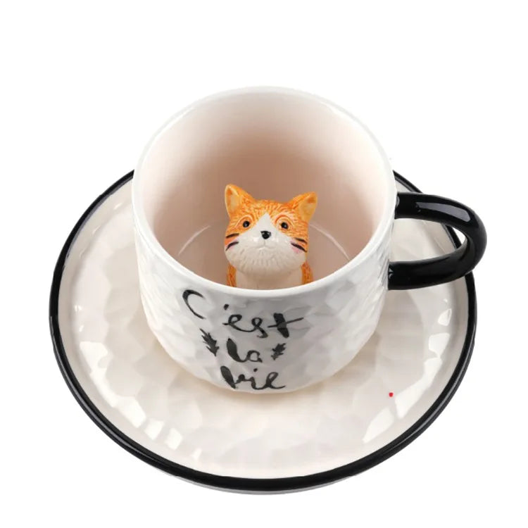 Modern Cartoon Cute Cat Ceramic Coffee Cup with Saucer Cute Cat Animal Porcelain Mug for Kids Birthday Gift Breakfast Milk Mug