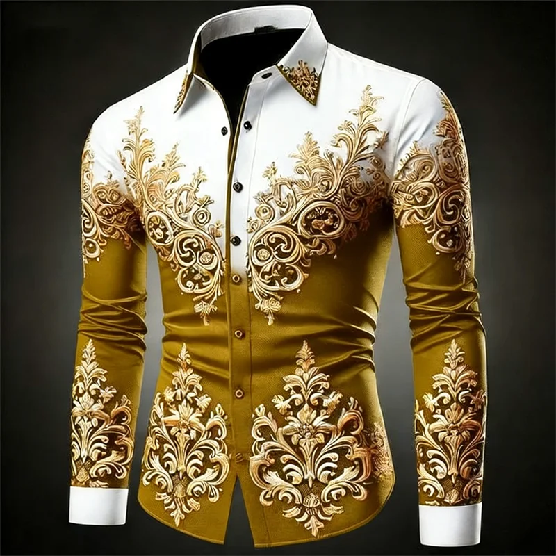 New 12 Color Men's Gold Exquisite Pattern Long-Sleeved Button Retro Floral 3D Printed Hawaiian Shirt Fashionable Shirt