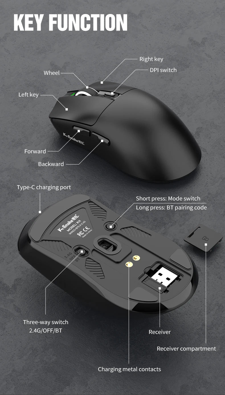 KEBIDUMEI X11 PAW3311 Tri-Mode Wireless Mouse 12000 DPI Gaming Mouse RGB Touch Magnetic Charging Base Bluetooth /2.4G/Wired Mice