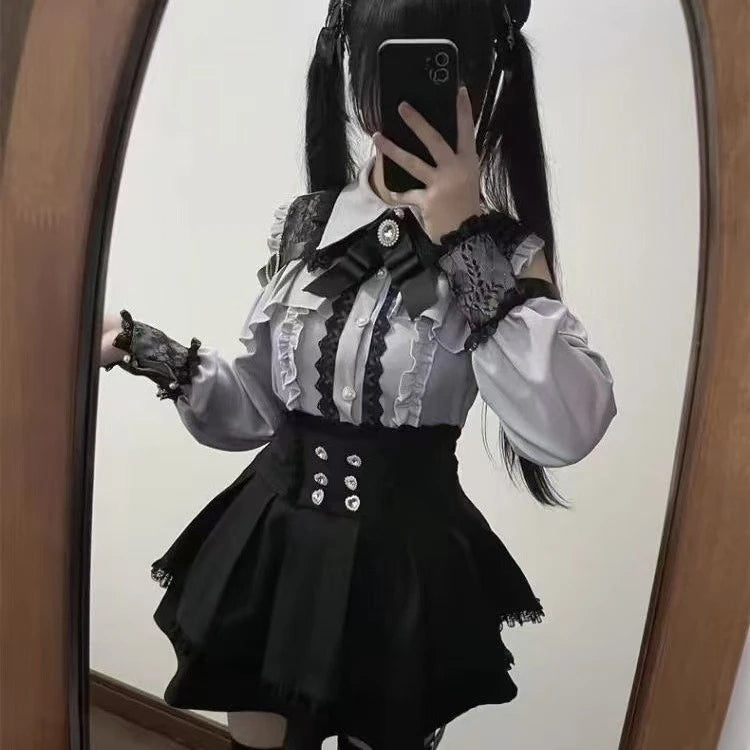 Gothic Lolita Two Piece Set with Bow, Y2K Aesthetic Flare Sleeve Mini Dress, Japanese Punk Style Party Co-ord Outfit