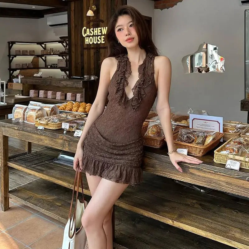 Sexy retro vacation ruffle edge deep V halter neck dress female slim slim slim skirt