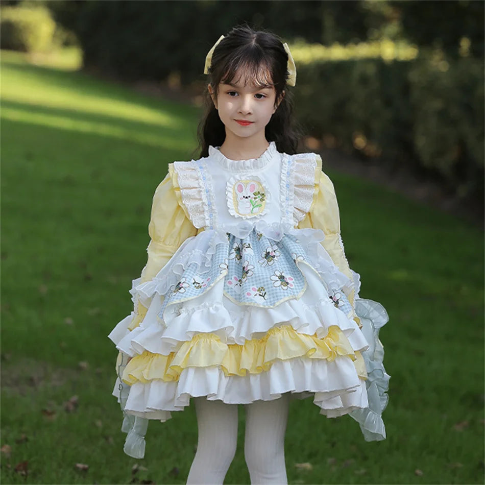 Kids Spring Autumn Lolita Dress Princess Long Sleeves Fancy Luxury Cute Costume Girls Floral Lace Vestido Toddler Birthday Gift