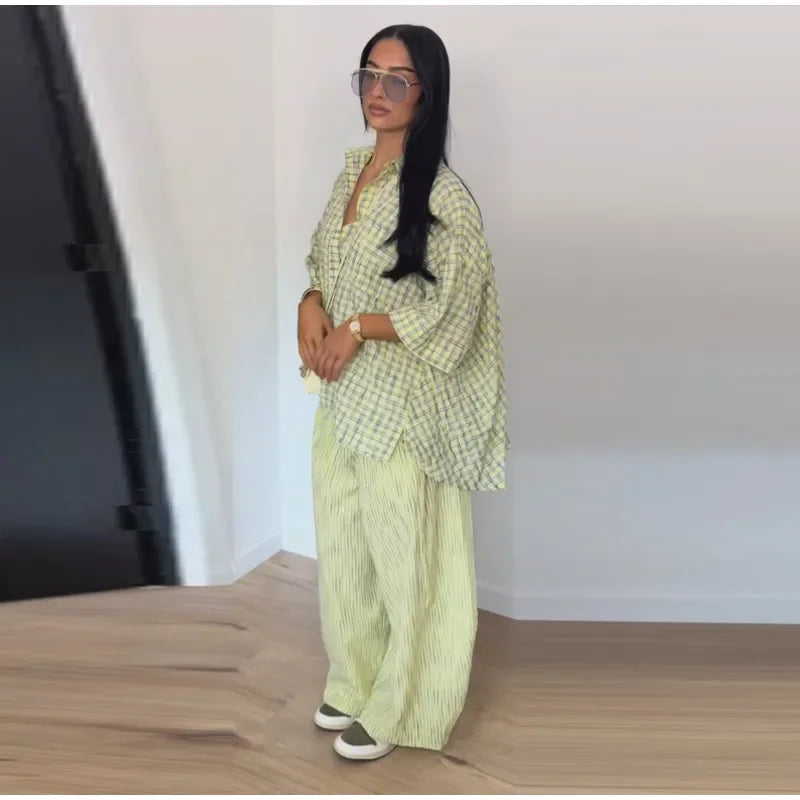 Casual Women's Plaid Blouse Pants Set Loose Lapel Single Breasted Half Sleeve Blouses Wide Leg Pant 2026 Summer Lady Suit