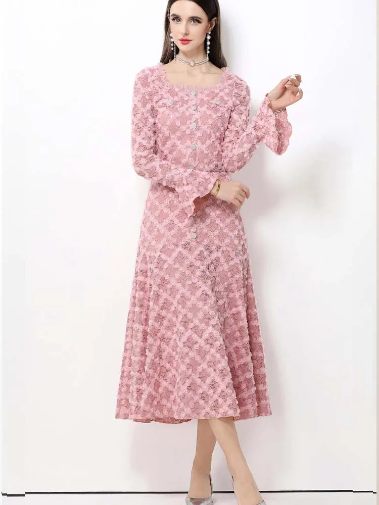 Elegant Square Neck Lace Three-Dimensional Flower Trumpet Sleeve Slim Fit Dress 2025 New Fashionable Autumn Women'S Clothing
