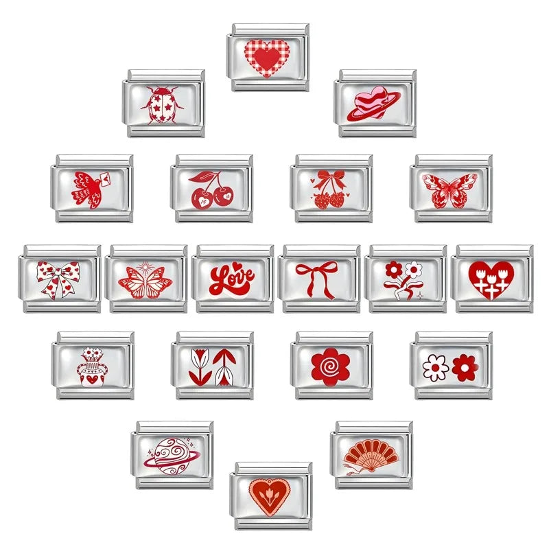 Fashion Red Series Heart Flower Bowknot Cherry Women Men Charm Link fit 9mm Stainless Steel Italian Bracelet Making DIY Jewelry