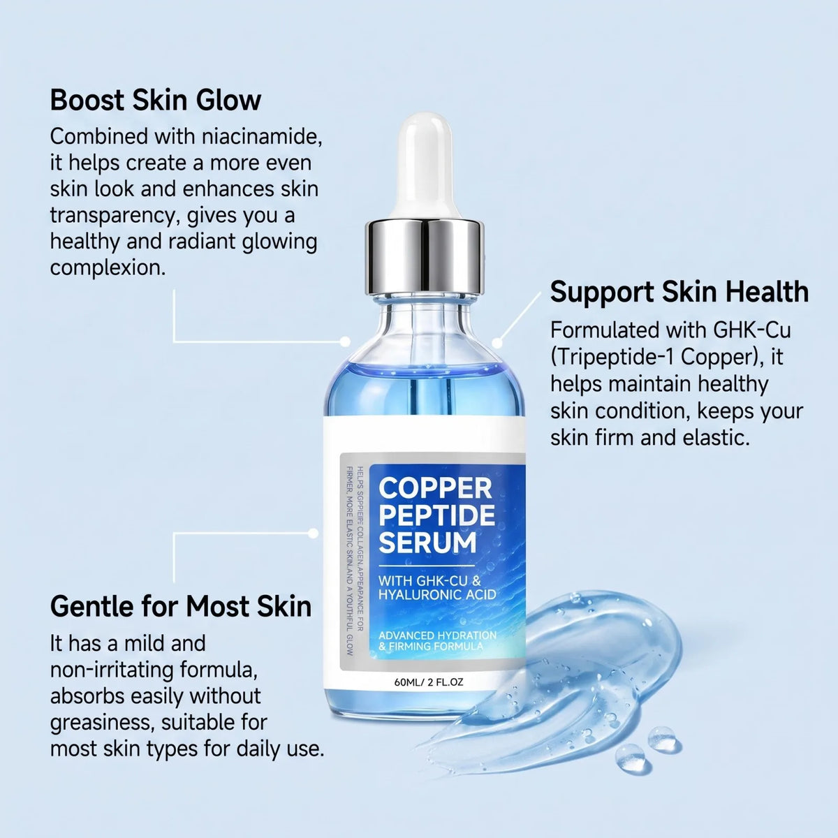 Copper Peptide Face Serum with Hyaluronic Acid & Niacinamide, GHK-Cu Hydrating Serum for Firm, Smooth & Glowing Skin 60ml