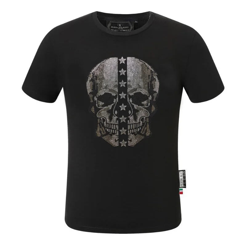 2025 Summer New Luxury Men's Fashion Skull Design Rhinestones T-Shirt Pure Cotton Crew-Neck Casual High Quality