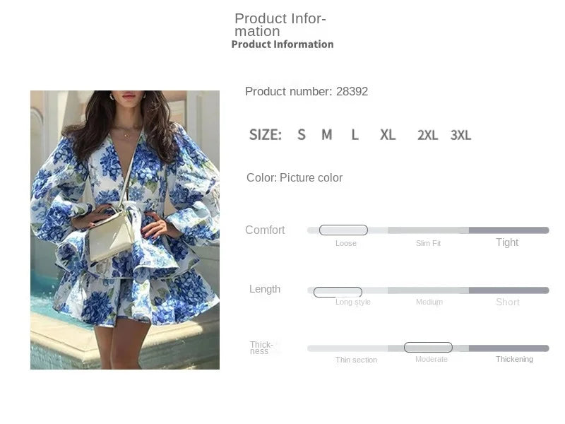 2025 Autumn New Stylish And Elegant Flower Print Women's Mini Dress Chic V-neck Puff Long Sleeve Double Layer Ruffle Mini Dress