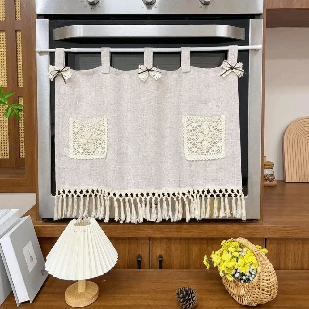 Vintage Oven Cover Curtain with Pocket Detachable Kitchen Stove Cover Skirt with Tassels Rustic Boho Curtain Panel Oven Door