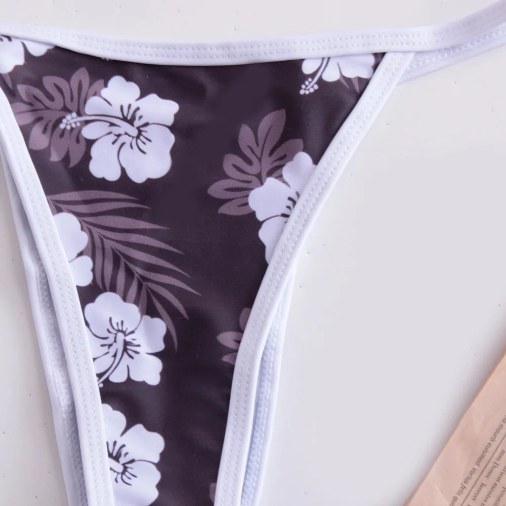 Sexy Bikini Swimsuit Digital Print Two-Piece Women's Triangle Soft Pack Swimwear Trendy Floral Pattern without Shoulder Straps