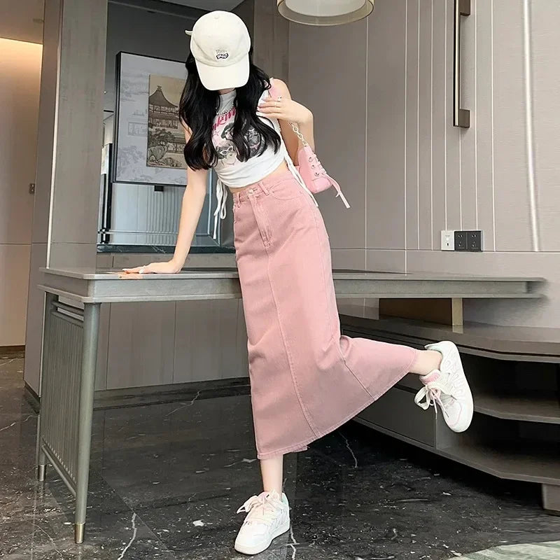 New Summer Women's 100% Cotton Denim Shorts Pink High-waisted Slit Retro Elegant Fashionable Casual Denim Long Skirt Female