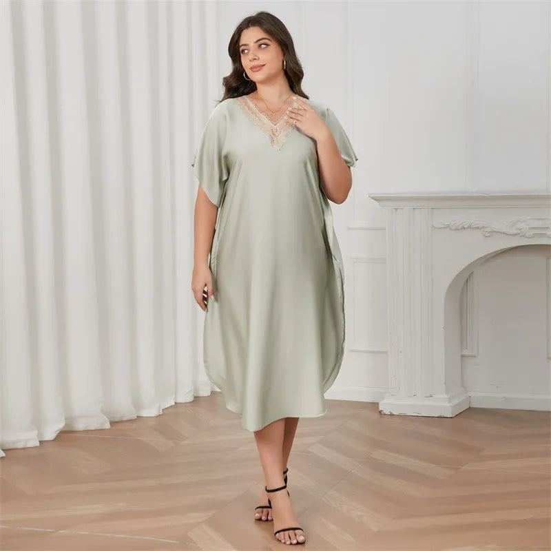 Sexy Lace V Neck Nightdress Women Night Dress Summer Short Sleeve Satin Sleepwear Loose Silky Long Nightgowns Overized