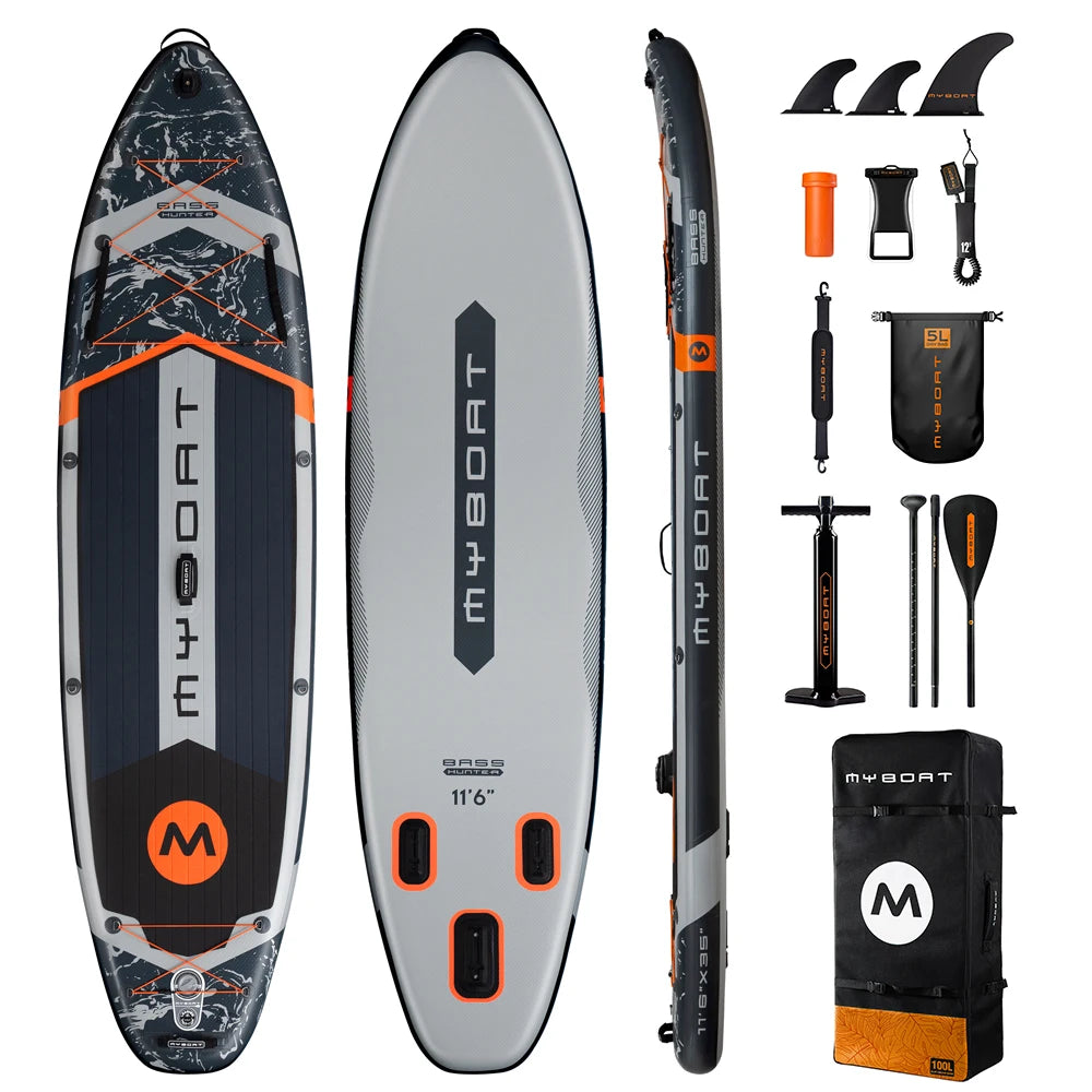Myboat BASS HUNTER Grey SUB Waterproof Inflatable Paddle Board 11'6''x35''x6'' Aquatic Fishing With Accessories SUP сапборд