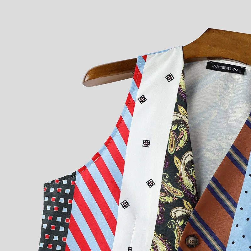 INCERUN Men's Vests Tie Printing V Neck Sleeveless Vintage Casual Male Waistcoats Streetwear Fashion Men Clothes Vests For Man