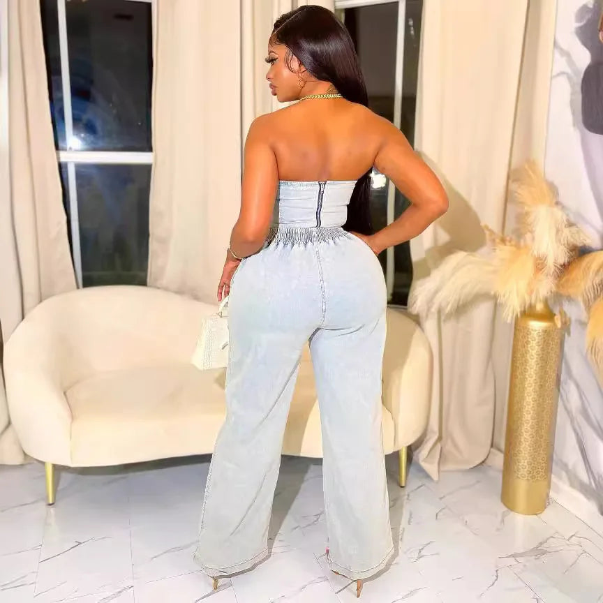2 Piece Set Women Denim Ensemble Strapless Top Sleeveless Backless Zipper Elastic Waist Jeans Suit Streetwear 2025 Sexy Outfits