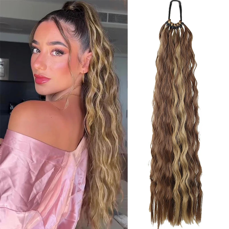 Synthetic Long Curly Hair Ponytail 24inch Wavy Ponytail Extensions with Elastic Hair Tie Women Hairpiece for Daily Party Wear