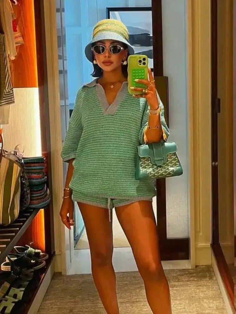 Holiday Retro Shorts Suit Summer New Women V Neck Knitted Tops Casual Lace Up Shorts Korean Fashion 2 Piece Sets Womens LLX6