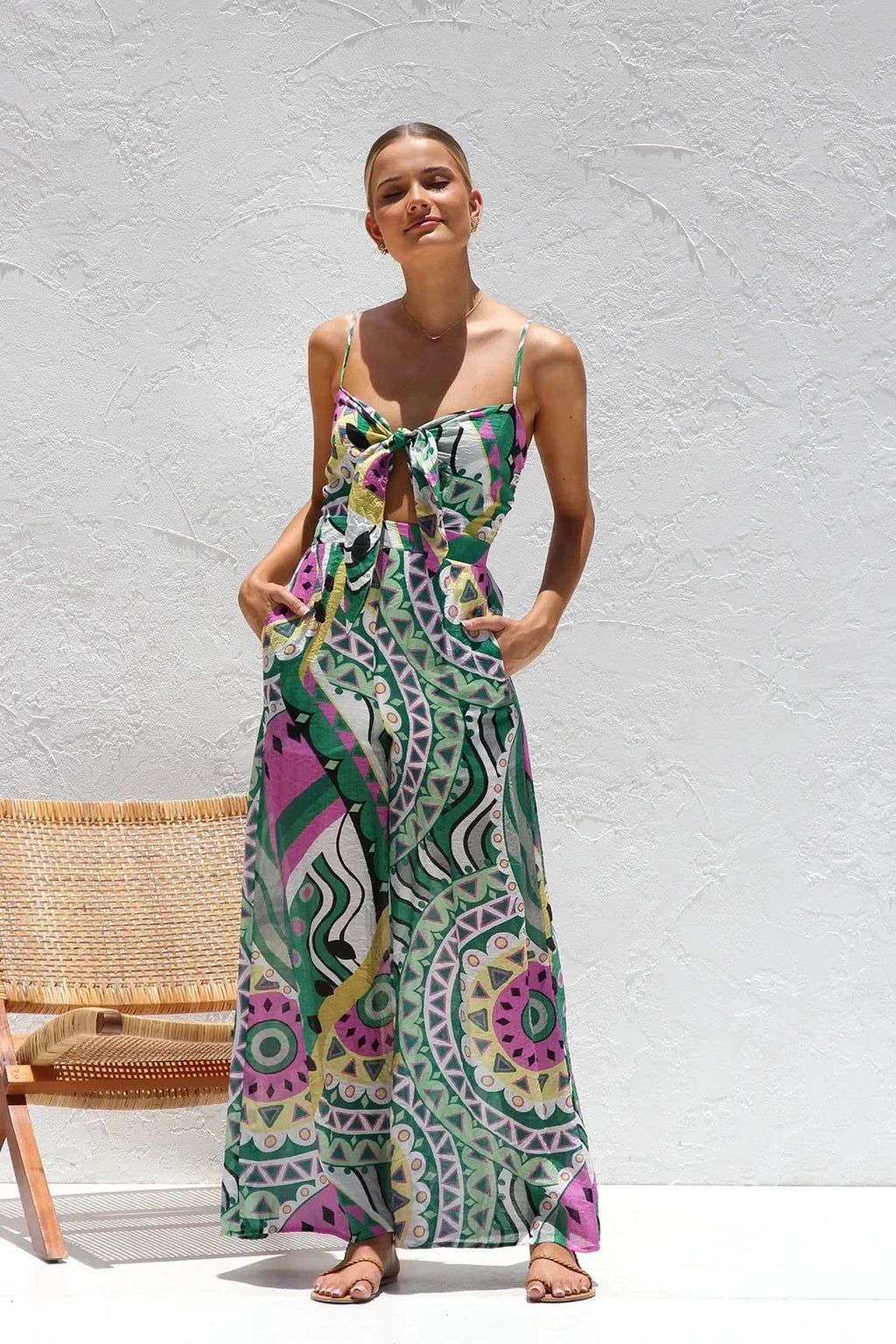 Spring Summer Print Spaghetti Strap Jumpsuits Women Fashion Sexy Hollow Out Leace-up High Waist Wide Legs Jumpsuit Bohemian New