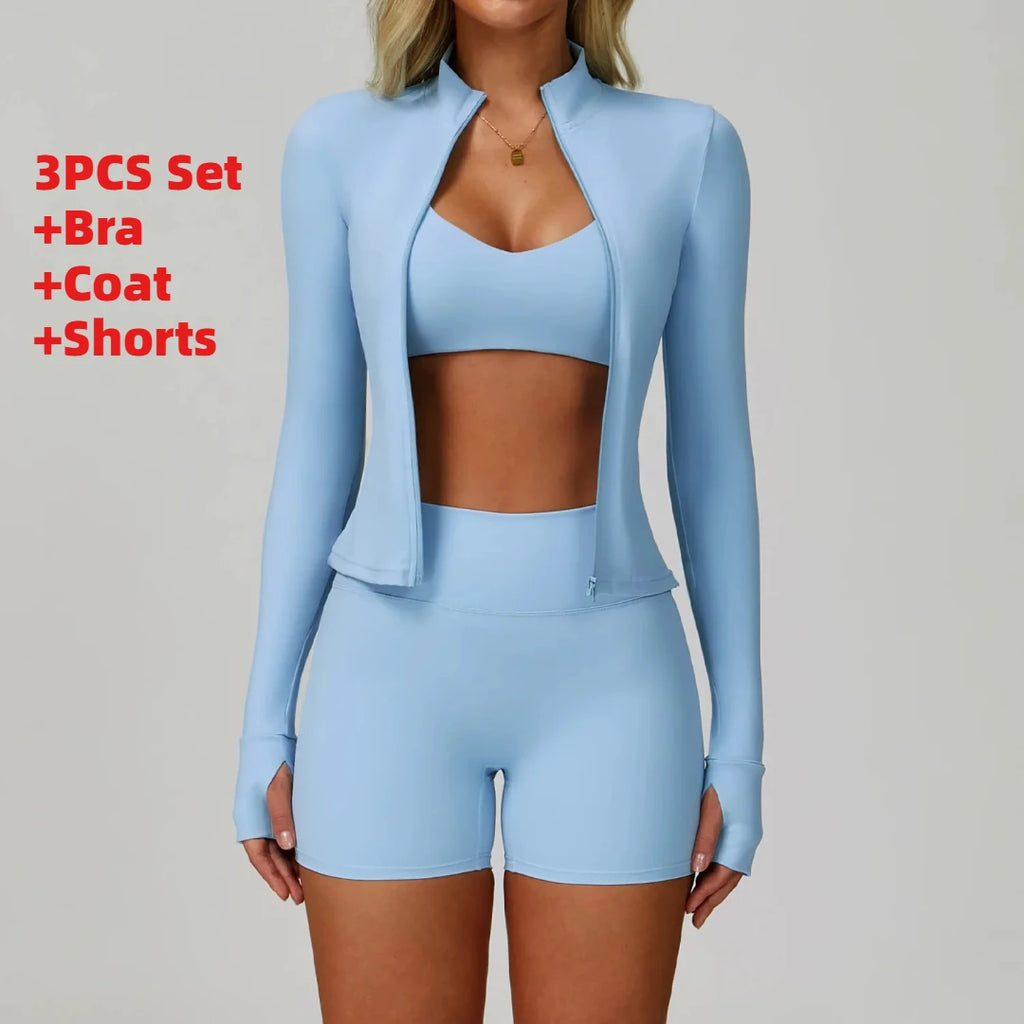 3PCS Women's Yoga Set Peach Hip Sports Jacket Shorts Fitness Set Tight Sports Bra Pants Set Workout Gym Leggings Sports Yoga Set