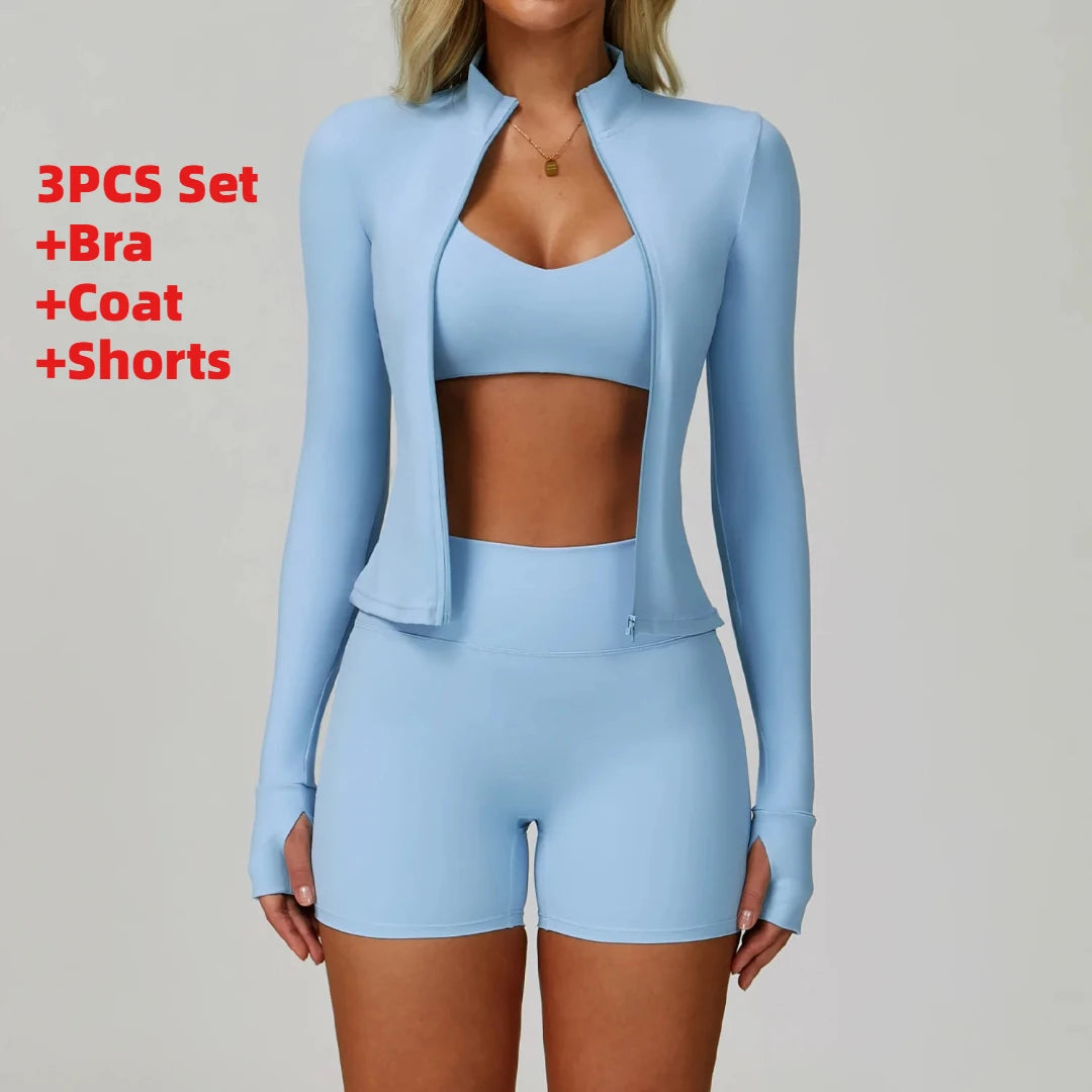 3PCS Women's Yoga Set Peach Hip Sports Jacket Shorts Fitness Set Tight Sports Bra Pants Set Workout Gym Leggings Sports Yoga Set