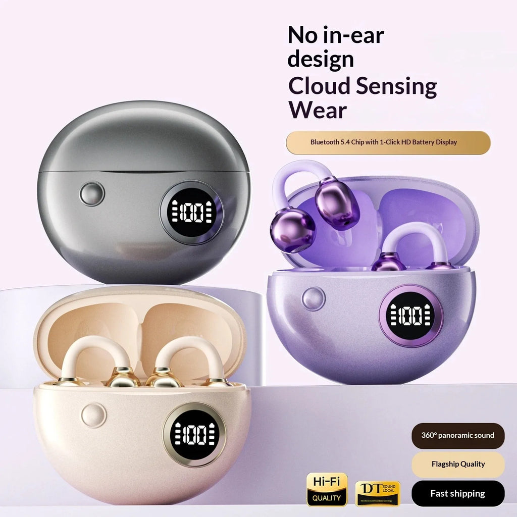 Portable Clip-on Earphones Wireless Bluetooth 5.3 Earbuds Hi-Fi Sound Super Long Battery Life Digital Display Noise Reduction