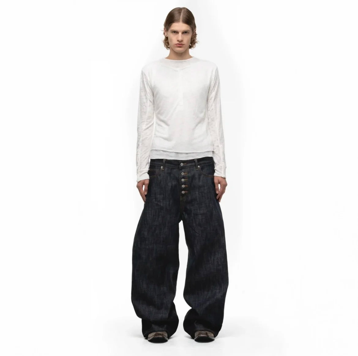 Japanese Raw Denim Loose Fit Jeans Classic Unwashed Cotton Workwear Baggy Trousers for Men