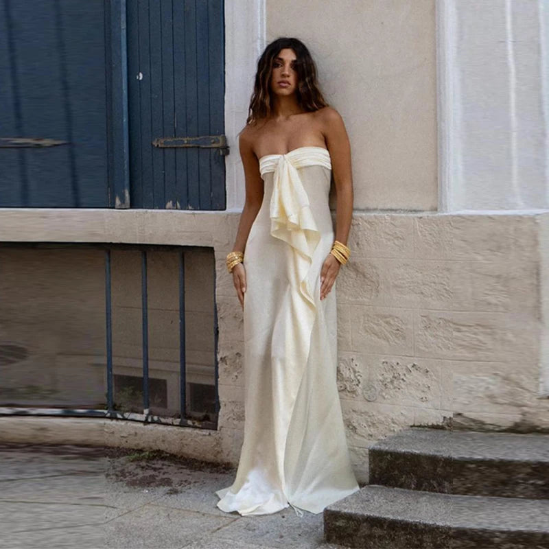 Women's Elegant Satin Long Evening Gowns  Backless Sleeveless Maxi Robes Solid Party Mini Vestidos 2026 New Lady Summer Dresses