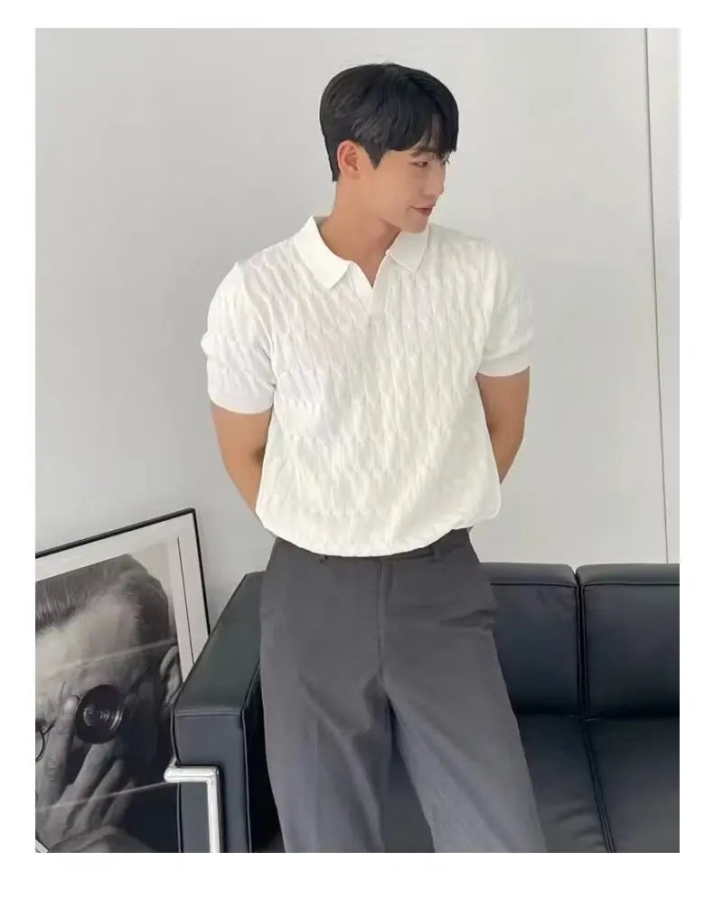 Trendy Polo Shirt for Men Summer Solid Color Top Versatile Knit Style Korean Short Sleeves Casual Fashion T-shirt